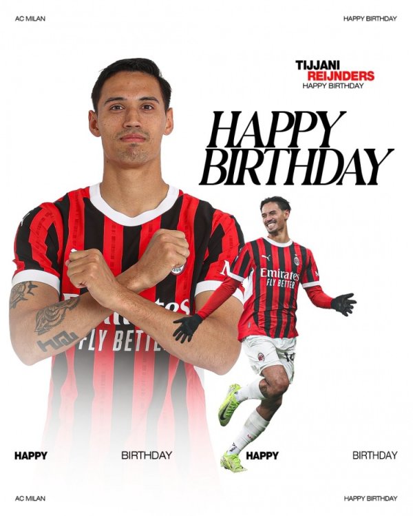 今天赖因德斯27岁生辰，米兰仍为其送道贺：新篇章中一切胜仗🎂