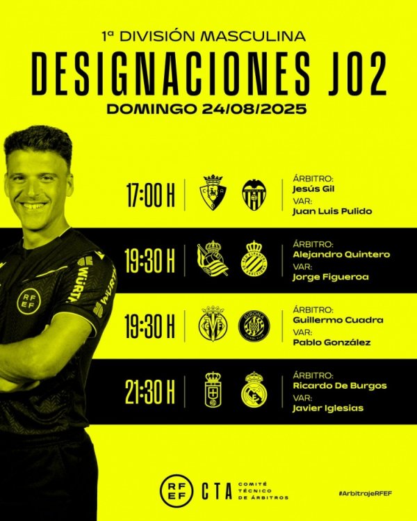 西甲周日比赛裁判安排：本戈埃克斯法则皇家奥维耶多vs皇马