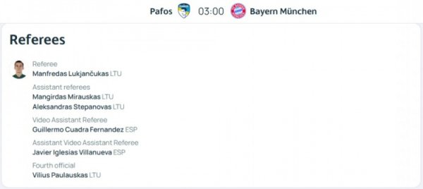 拜仁客战帕福斯裁判组名单：立陶宛主裁轨则，西班经纪东说念主VAR裁判组