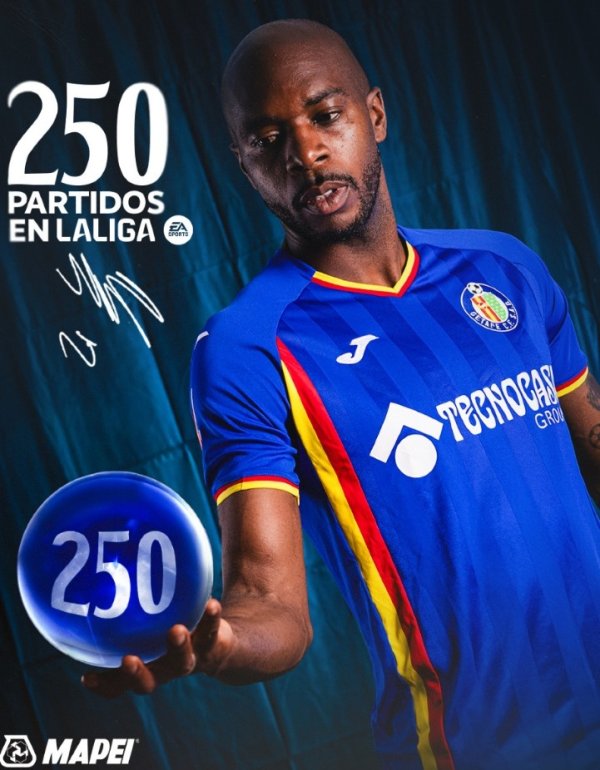 37岁后卫恩约姆罢了西甲250场里程碑，赫塔费晒海报为其驰念