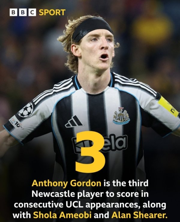 并排希勒！戈登成纽卡队史第三位在欧冠中连场进球的球员