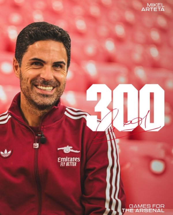 阿尔特塔迎来合手教枪手300场里程碑，阿森纳晒海报：卓绝的建树