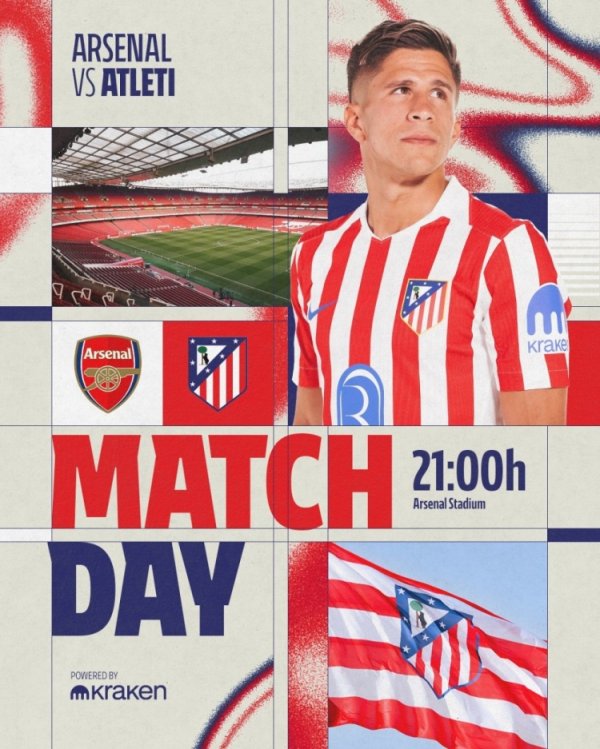 马竞晒欧冠客战阿森纳海报：朱利亚诺-西蒙尼单东谈主出镜