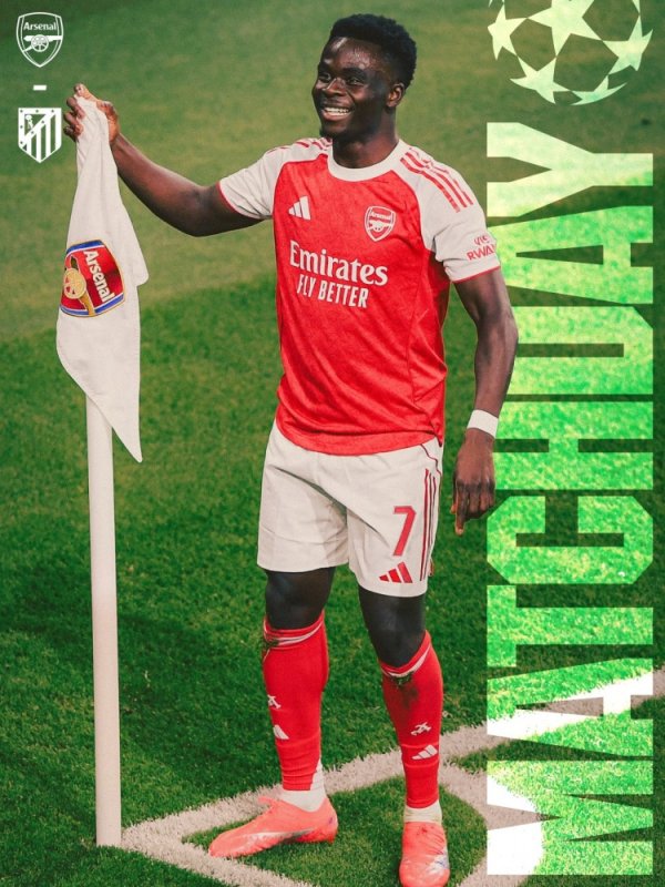 阿森纳晒欧冠主场对阵马竞海报预热：萨卡单东说念主出镜