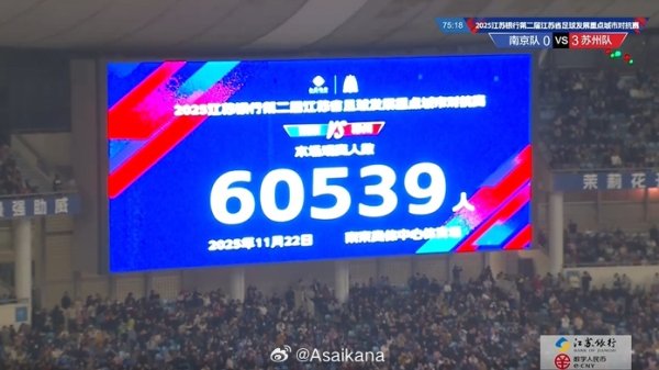 南京队vs苏州队的比赛，南京奥体中心现场不雅世东说念主数为60539东说念主
