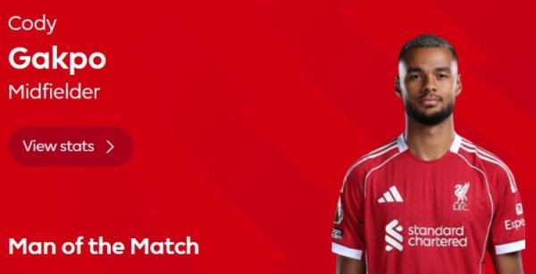 传射立功！英超官方：加克波当选利物浦2-0西汉姆全场最好球员