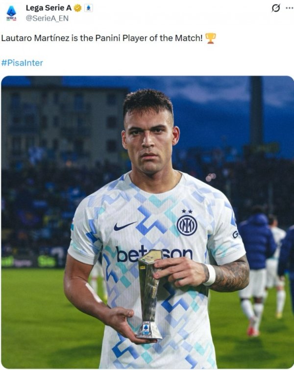 梅开二度！意甲官方：劳塔罗当选国米2-0比萨全场最好球员